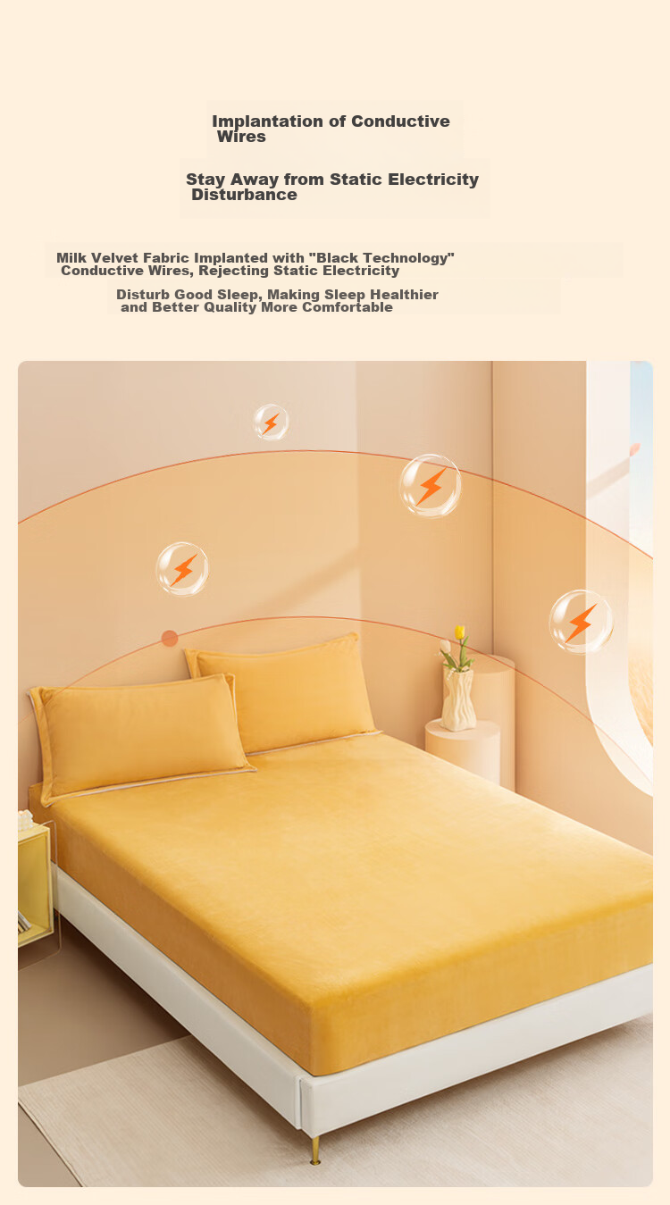 JD Original 220g Thickened Milk Velvet Fitted Sheet, Non-Static A-Class Winter Bed Cover Mattress Protector, for 1.8-Meter Bed, Warm Yellow 10