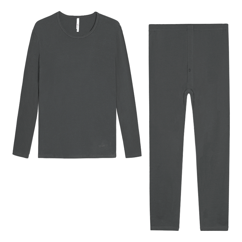 Hodo Men's Underwear Autumn Thermal Set, Solid Color Cotton-Spandex Round Neck Thin Warm Underwear Set, Rock Gray 185