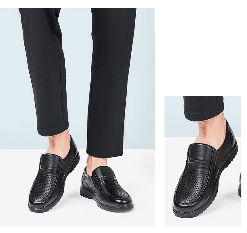 LAORENTOU Men's Leather Shoes, Business Casual Shoes, Top-Grain Leather Slip-Ons with Buckle Decoration, Wear-Resistant Breathable Sandals, Hollow Breathable Shoes, Perforated Shoes LL13203 Black Size 38 8