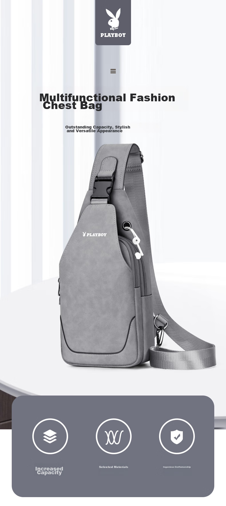 PLAYBOY Shoulder Crossbody Bag for Men, Large Capacity Multifunctional Chest Bag, Casual Backpack, Portable Travel Phone Bag, Gray 1