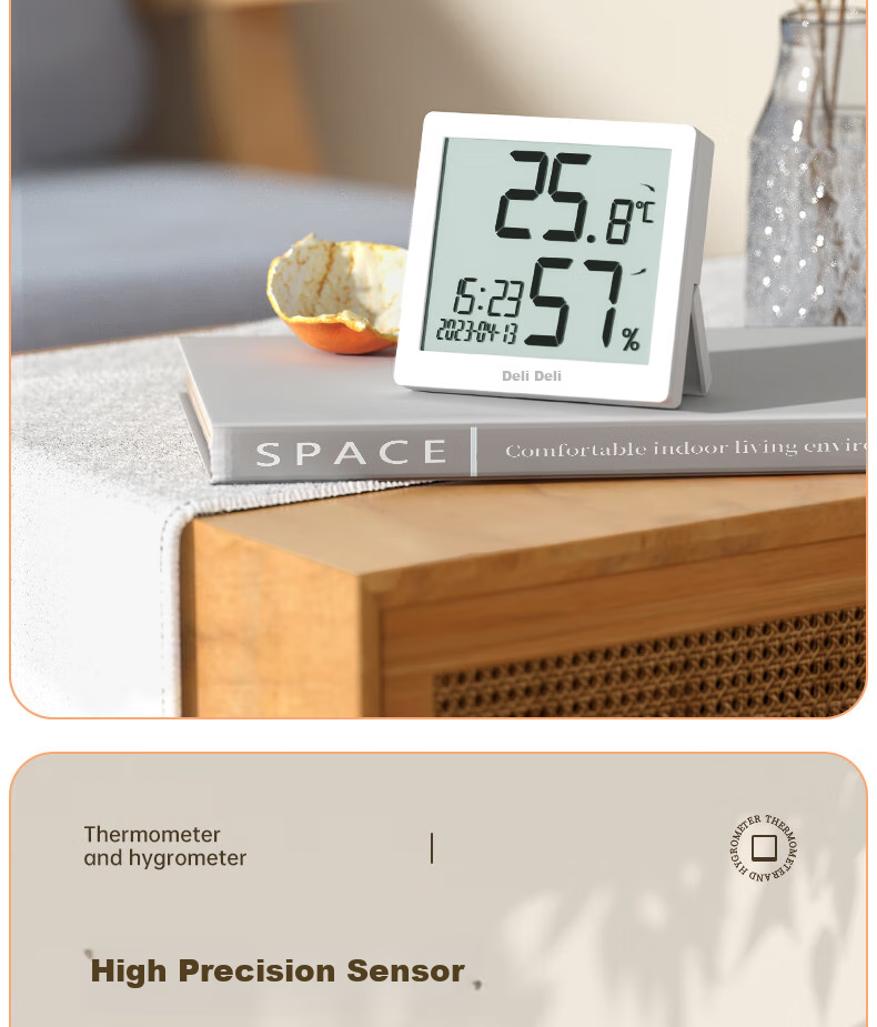 Deli Indoor Temperature And Humidity Meter, LCD Electronic Thermometer And Hygrometer, Gift for Elderly And Children, Birthday Present with Backlight Function, Baby Room Office Supplies, White LE501-WH 3