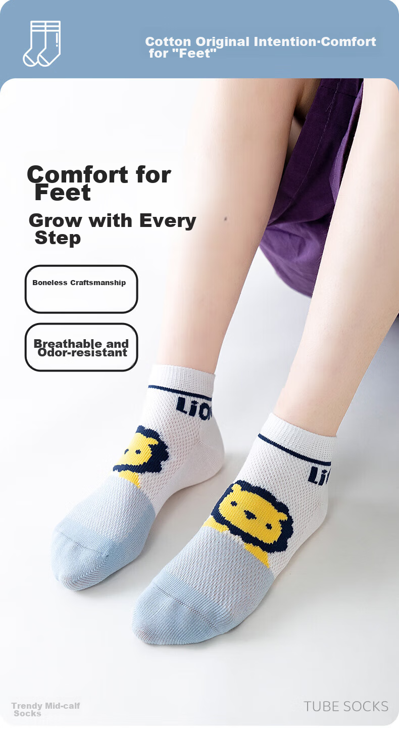 Bingxuemumian Children's Socks, Boys' Summer Thin Mesh Short Cotton Socks, Big Kids Girls' Seamless Cartoon Casual Boat Socks 1