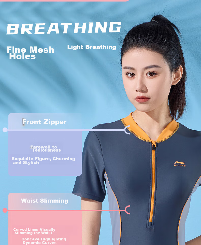 LI-NING Women's One-Piece Professional Square-Leg Conservative High-Elastic Breathable Slimming Swimsuit for Hot Springs and Vacation 472 Gray Orange M 4