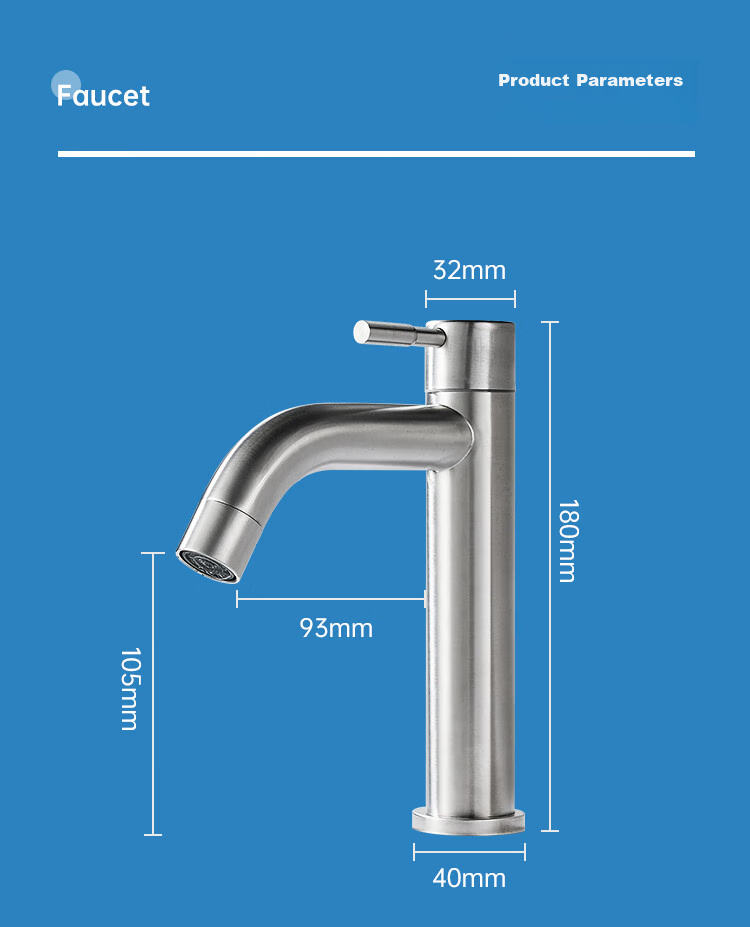 MEJUE Basin Faucet, Bathroom Sink Washbasin Vanity Heightened Faucet, Stainless Steel Single Cold Water Tap Z-016481 17