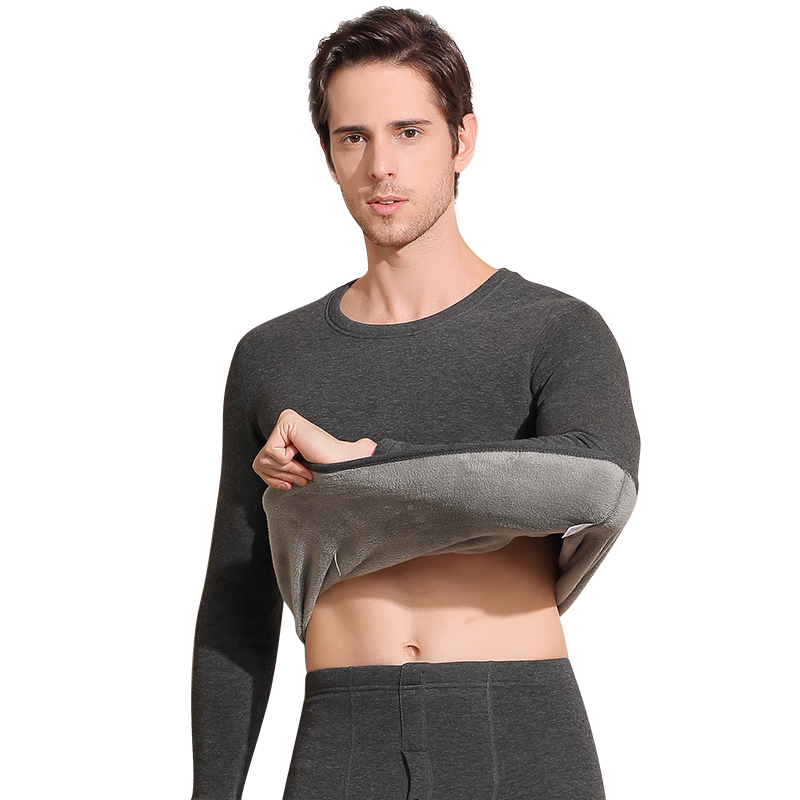 Hengyuanxiang [Bestselling 50,000 Sets] Thermal Underwear for Men, 100% Wool Patch Autumn Top And Bottom, Men's Dark Gray - Round Neck Upgraded Versio