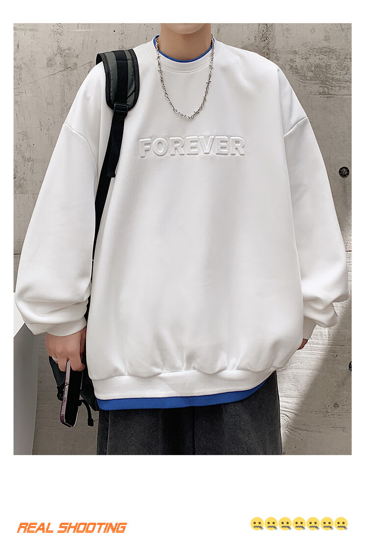 Dingfengbaoluo American Retro Crew Neck Sweatshirt for Men, Spring Trendy Steel-Printed Long-Sleeve Top DFL07 White XL 9