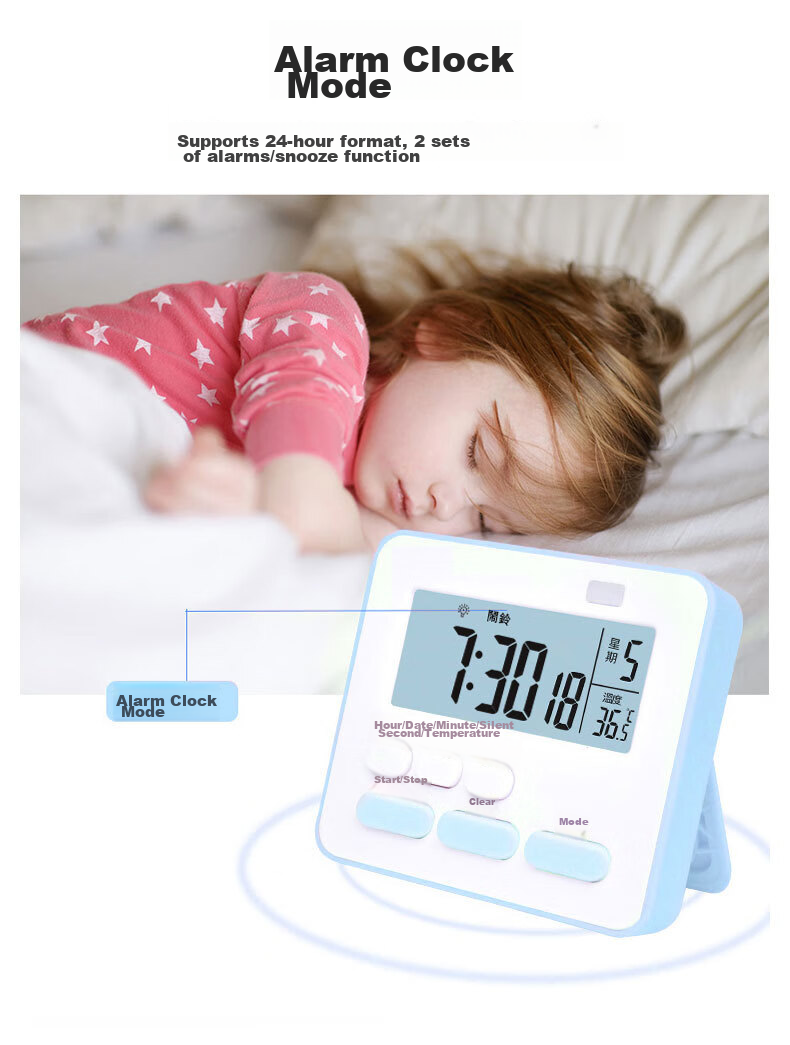Futang Student Timer, Quiet Time Management Device, Kitchen Timer, Alarm Clock with Weekdays, Temperature Display, Three-Quarter Screen, White 5