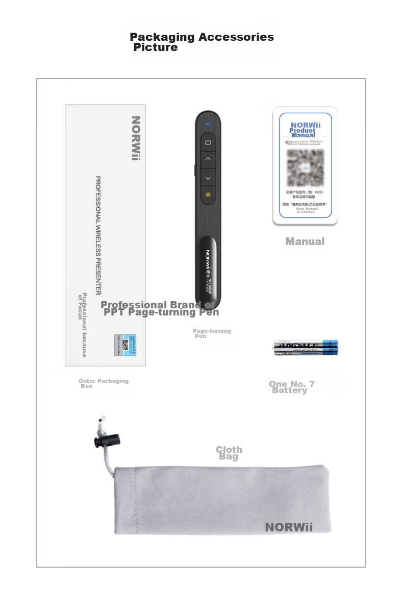 NORWII PPT Remote Pointer for Teachers, 360° Laser Pointer, Adjustable Volume, Projection Pen, 100m Remote Page Turner, Wireless Presenter, N27 Red Light, Black 26