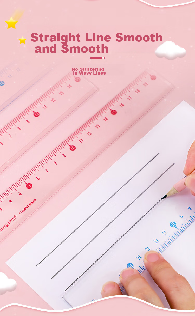 Zhonghua (Chung Hwa) Explosion-Proof, Wear-Resistant, High-Precision Plastic Straight Ruler, 20cm Multiple Sizes, Student Ruler for Drawing And Measurement, Scribing Ruler, Wave Straight Ruler, High Transparency Acrylic, RB0007 Pink 8