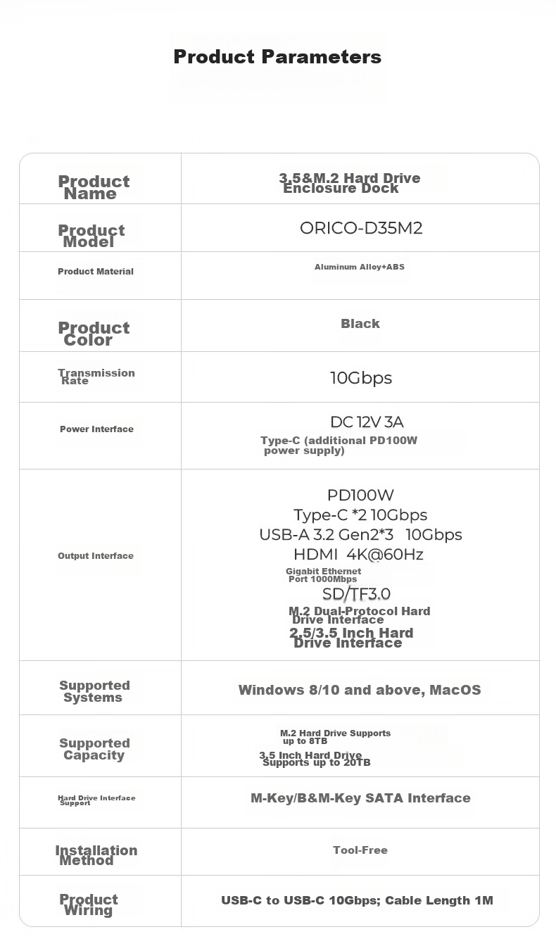 ORICO Hard Drive Enclosure Expansion Dock M.2/3.5 Inch SSD Enclosure Type-C Converter USB3.2 High-Speed USB-C to HDMI Network Port Desktop Expansion Dock D35M2 16