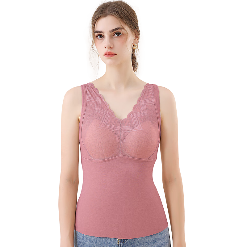 MiiOW Women's Down Silk Thermal Vest with Chest Pad, Bra-Free Lace Innerwear, Heat Retention, Bean Paste Red 2XL