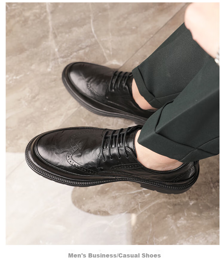 Poitulas Men's Low-Top Lace-Up Shoes with Hand-Grab Texture, Business Casual Shoes, British Brogue Wedding Shoes, 2996 Black, Size 39 12