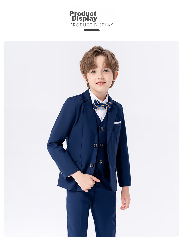 LUOBOBEIBEI Children's Suit, Boys' Solid Color Suit, Flower Boy's New Year Outfit, Formal Wear Set, Black Five-Piece Set, Size 120 14