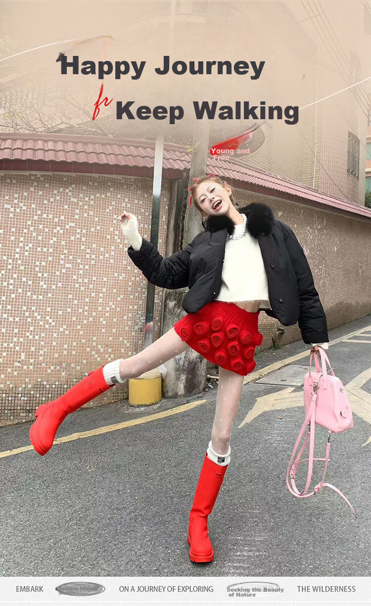 CAMEL Red Combat Boots, Stylish Rain Boots, Outdoor Shoes for Women, Water-Friendly Shoes, Waterproof Non-Slip Tall Boots 3008A 1