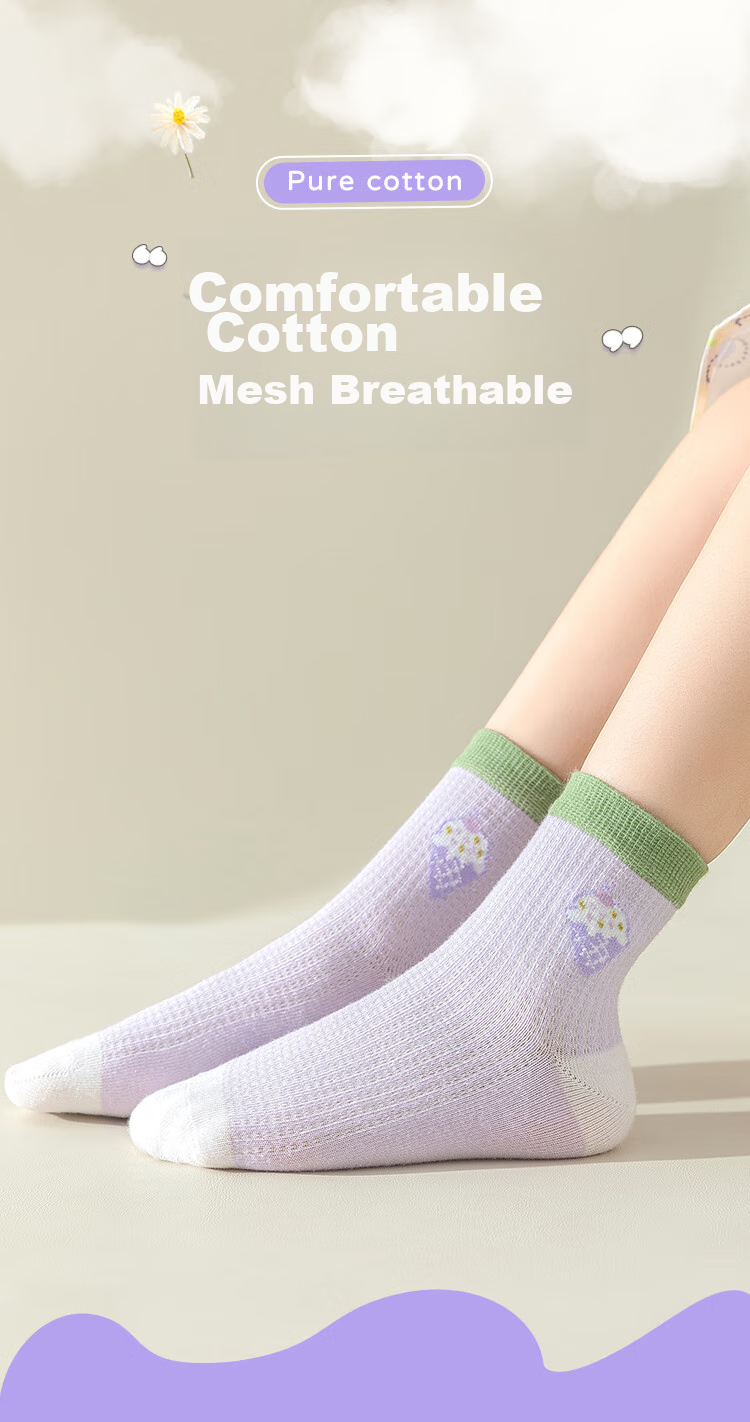Langsha Children's Socks Girls Summer Thin Mesh Socks Mid-Calf Socks for Older Kids Baby Student Socks 5 Pairs 2XL 1