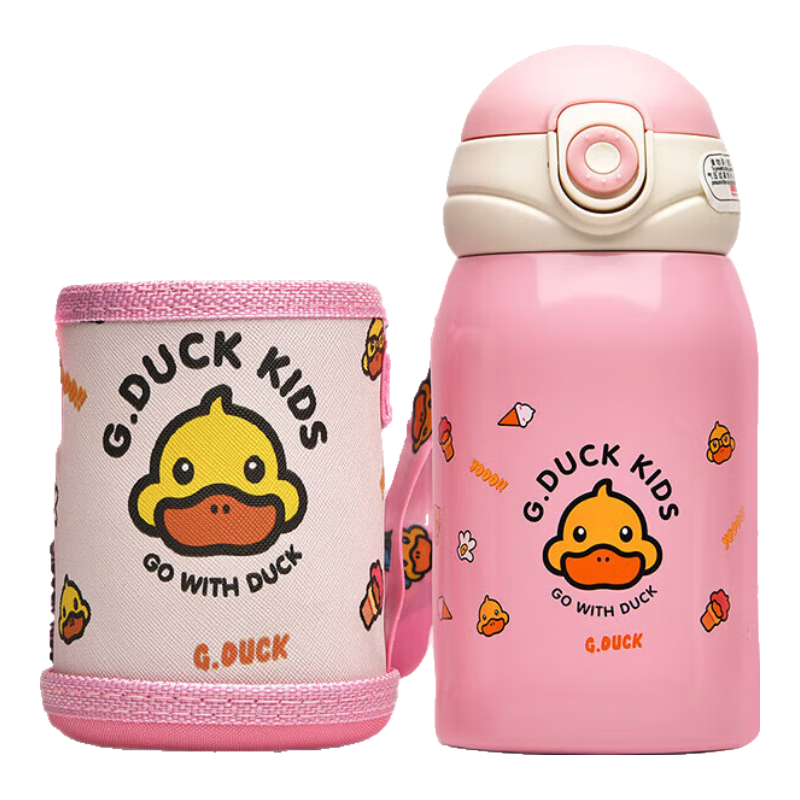 G.duck Children's Cartoon Insulated Water Bottle with Pop-Up Lid, 450ml, Stainless Steel Straw Cup with Pop-Up Lid - Pink