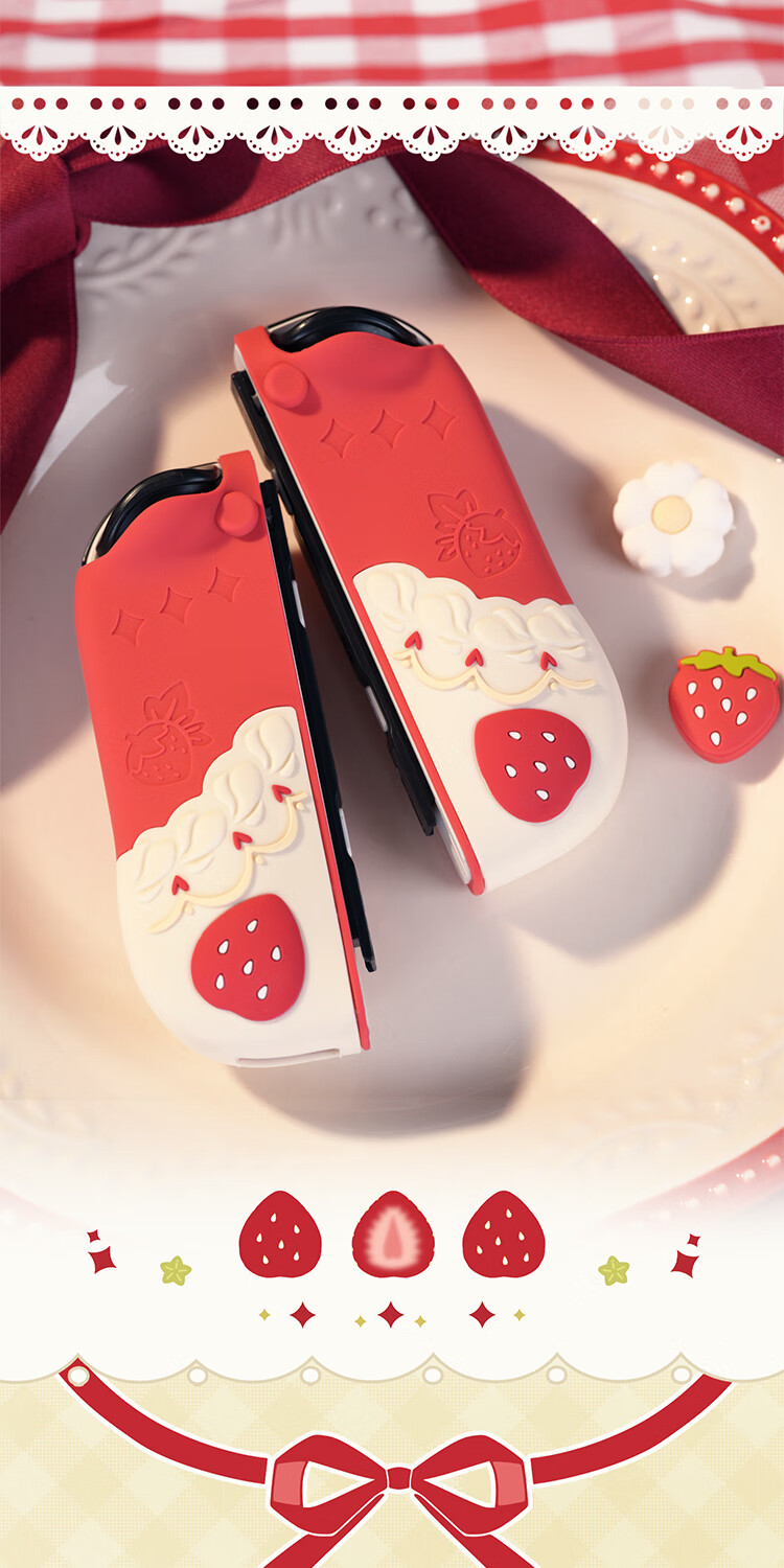 Jixiang Switch OLED Protective Case, Shockproof And Sweat-Resistant Spring Strawberry Silicone Soft Shell with Joy-Con Cap, Detachable Joy-Con Handle Case, Full Protection Shell 6