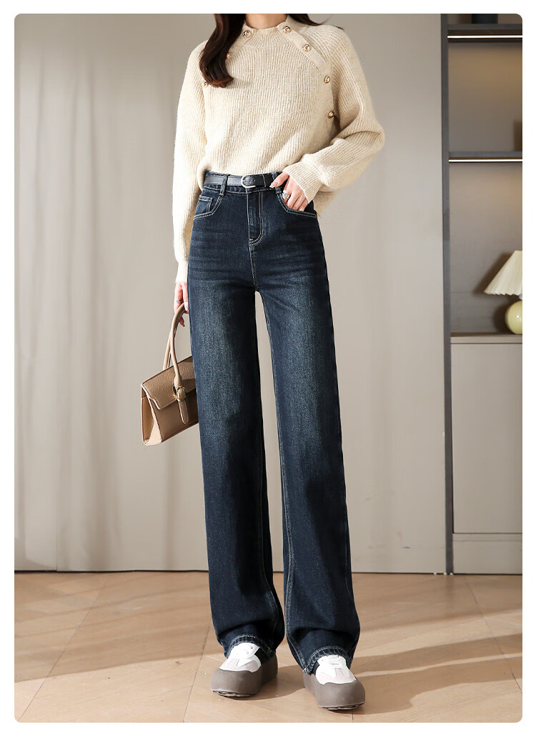 Dme [Fleece-Lined Slim Straight-Leg Pants] Winter Slim Straight-Leg High-Waist Elastic Fleece Wide-Leg Jeans for Wome 10