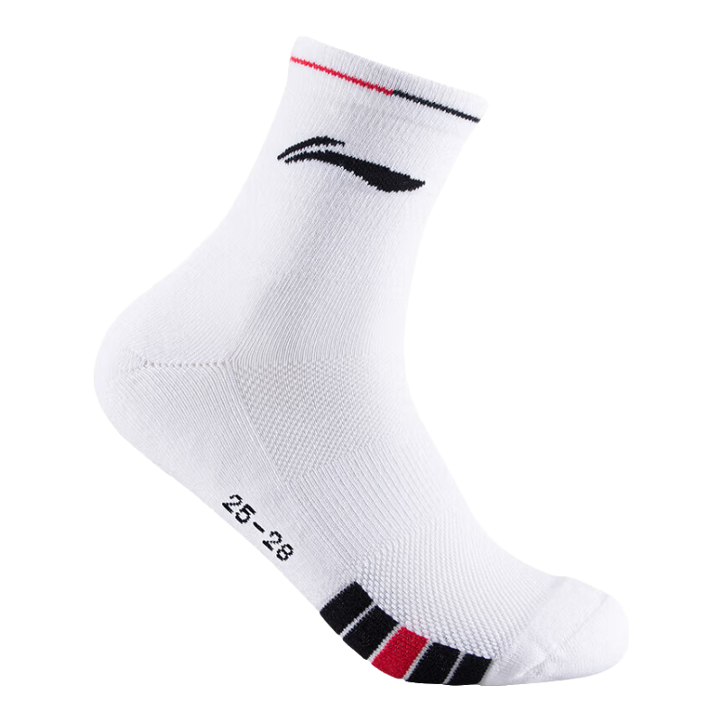 Li-Ning Badminton Socks, Mid-Calf Men's Terry Socks, Moisture-Wicking Sports Socks, AWSU083-1 White And Black, Size 25-28CM, One Pair