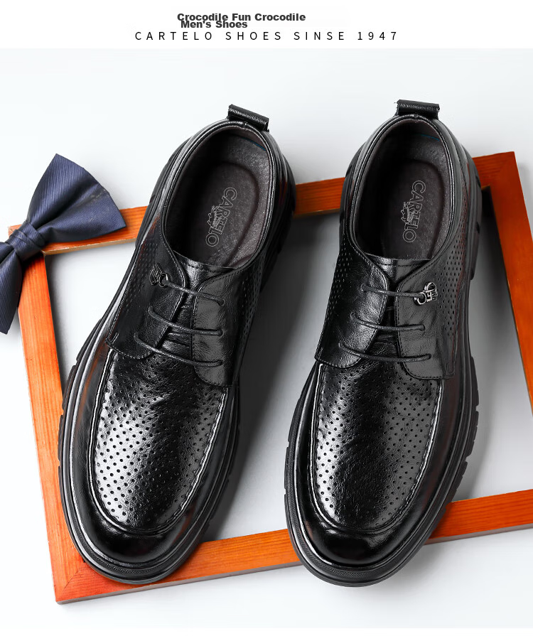 CARTELO British Men's Leather Shoes, Breathable Business Formal Shoes, Hand-Scratched Pattern Low-Top Thick-Soled Leather Shoes for Men, 9905 Black, Size 41 18