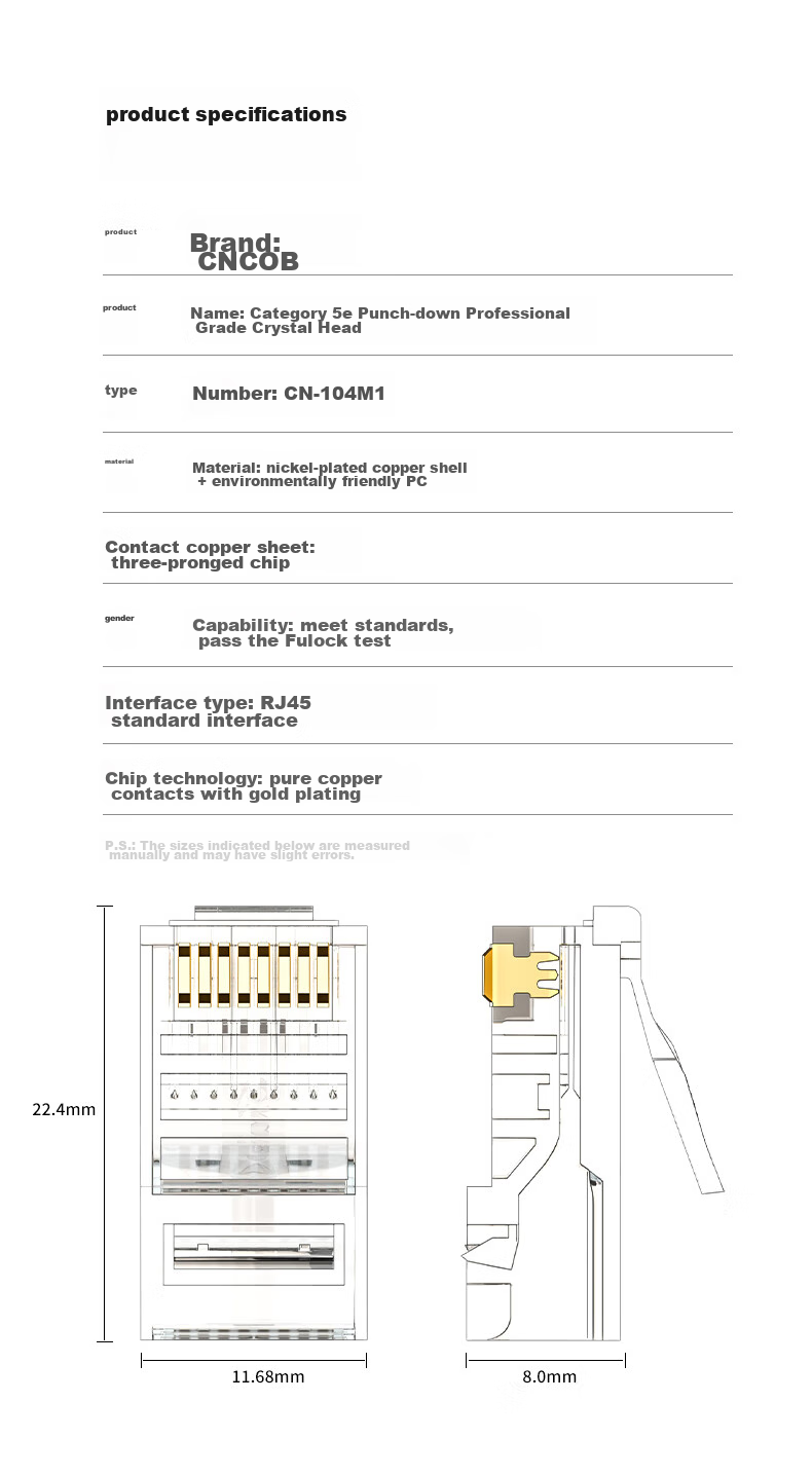 CNCOB Category 5e Punch-Down Crystal Head Unshielded Through-Hole Gigabit RJ45 Network Cable Connector, 8P8 Pin Pure Copper Gold-Plated Category 5e Crystal Head, 30 Pieces/bag, CN-104V 10