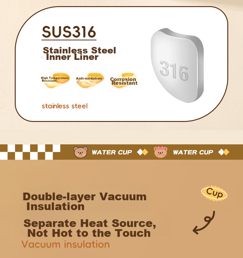 WORTHBUY 316 Stainless Steel Children's Milk Cup, Baby Drinking Cup, Double-Layer Anti-Scalding with Scale And Straw Cup, Bear Desig 4