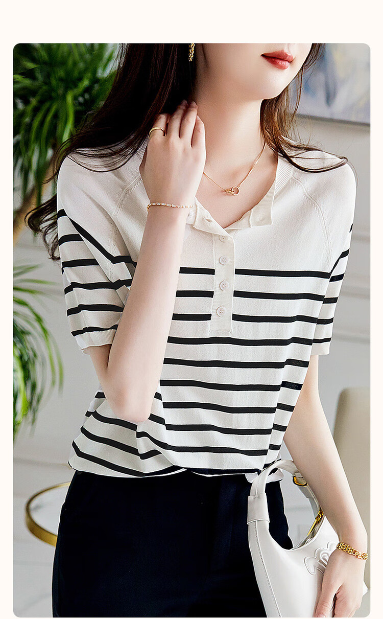 Demana Japanese Style Artistic Commuter Spring Autumn Colorblock Striped Round Neck Slimming Knit Sweater 3