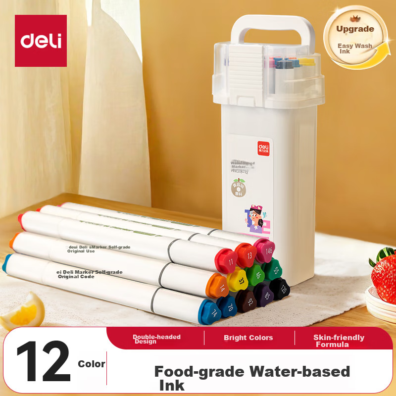 Deli Stationery, 12 Colors Food-Grade Markers, Children's Fine Triangular Dual-Tip Water-Based Colored Pens, Art Tree Drawing Set, Markers HM313-12 Watercolor Pens, Beauty Education Graduation Gift