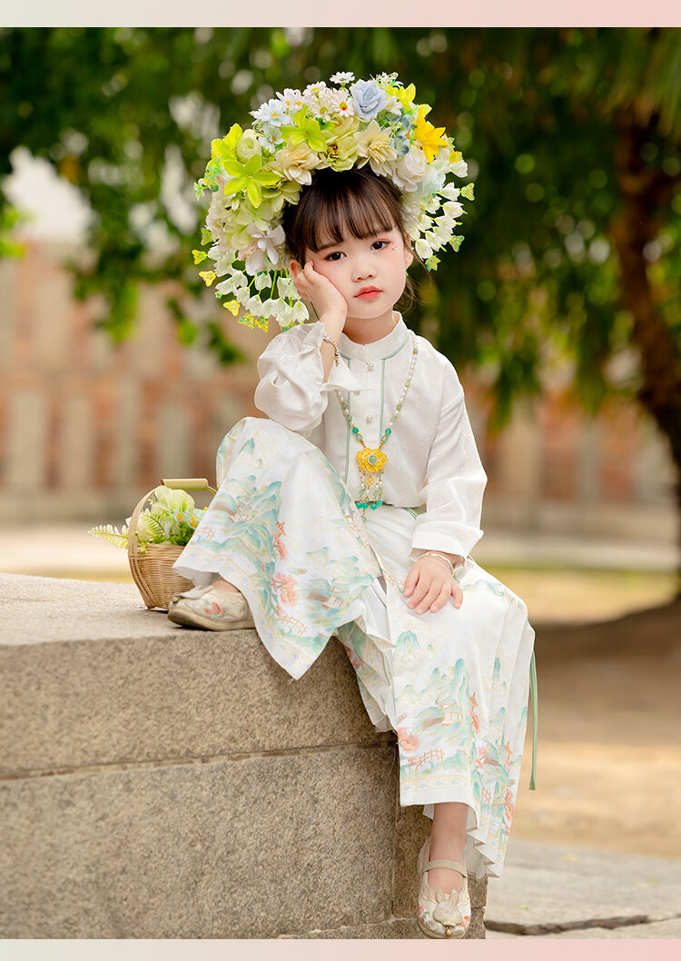Menghu Yueqing Mountain Hanfu Girls' Spring New Style Children's Chinese-Style Ancient Costume Ming Dynasty Horse-Face Skirt Set, Pink Horse-Face Skirt, Size 100 10