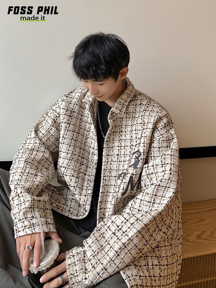 Foss Phil Men's Jacket, Spring And Autumn Fashion Brand Chanel-Style Coat, Plaid Lapel, Korean Version Loose Outerwear, FPJK10 Black M 22