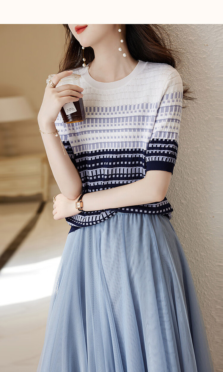 Dme [Bingchuan Meiros] Spring And Summer Double-Curved Ice Linen Sweater, Round Neck, Contrasting Color Jacquard, Petite Knit Top for Wome 11