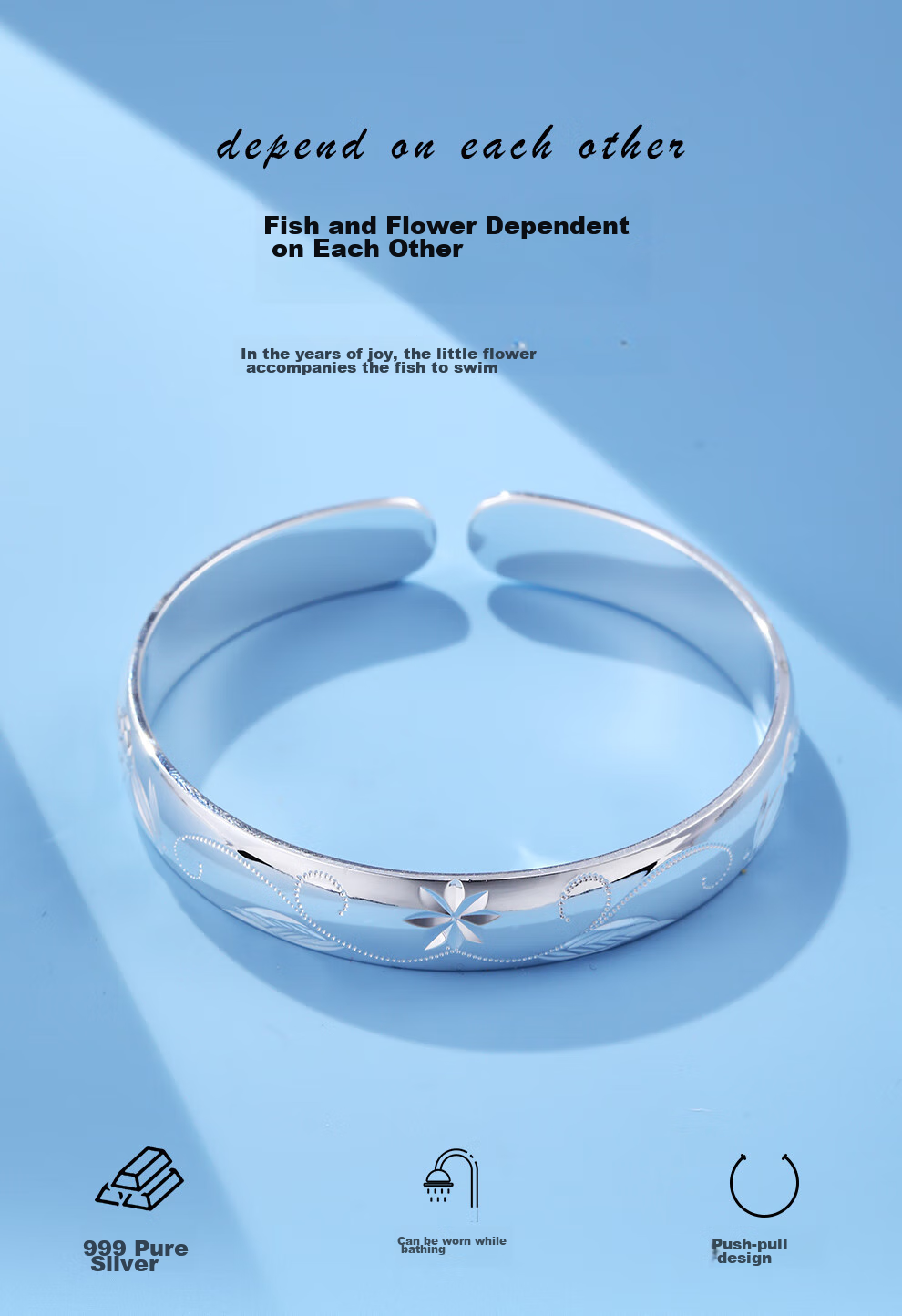 Laoyinjiang 999 Sterling Silver Bracelet with Fish Pattern, Adjustable Opening Width, Wide Surface, Silver Bangle for Women, Gift for Mom And Elderly 1