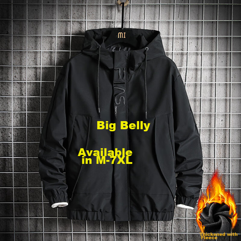 Touhaoqingnian Men's Windbreaker Jacket, Autumn And Winter Fleece-Lined Thick Workwear Jacket, Sports Loose Hooded Coat for Men, Black, 5XL