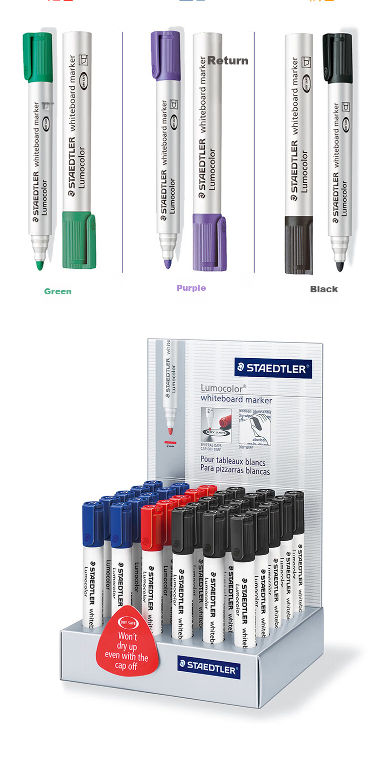 STAEDTLER Erasable Whiteboard Marker 2mm Dry-Resistant Color Marker Pen Office Meeting Pens - Black, Red, Blue, Green, 1 Each 351WP4 5