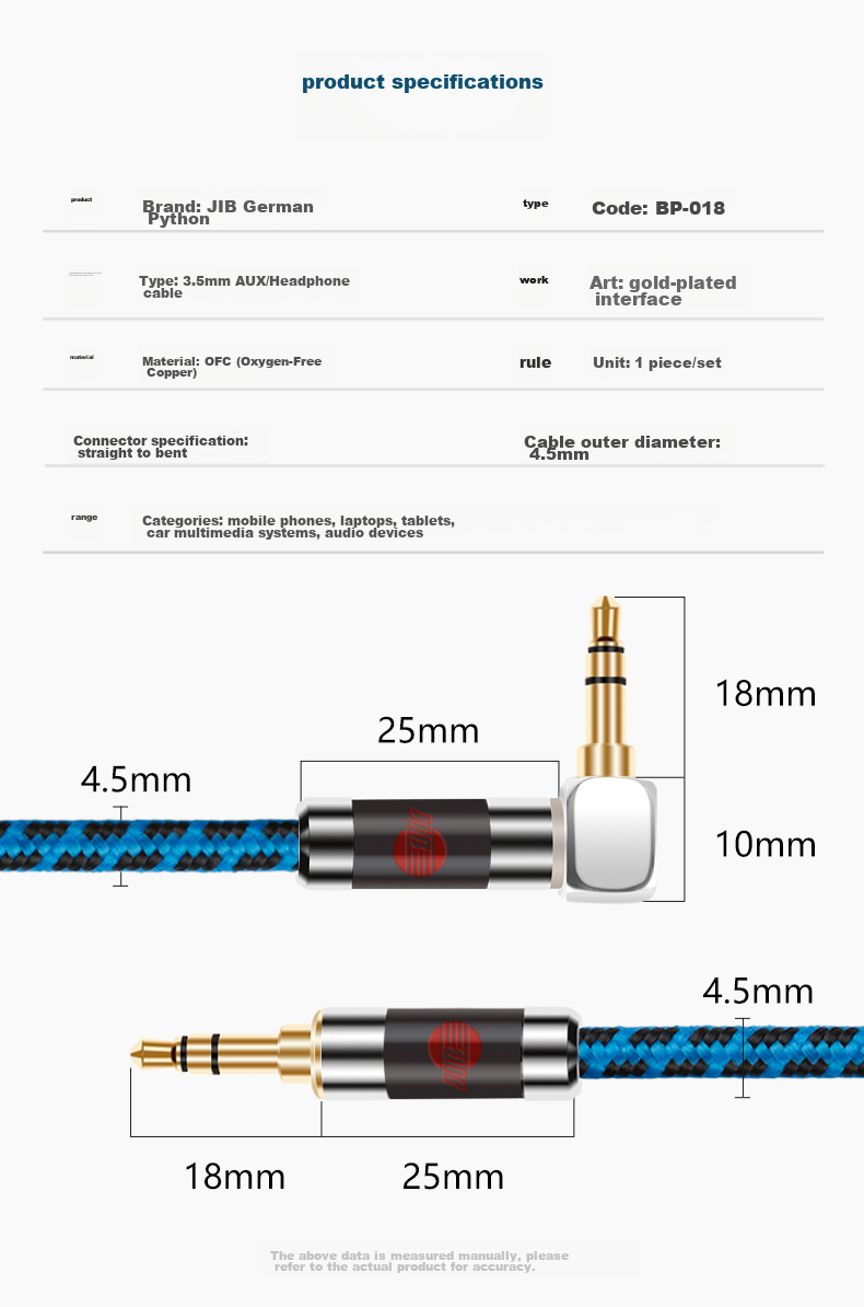 JIB Audiophile AUX Audio Cable, 3.5mm Male to Male Car Connection Cable, Phone Laptop MP34 Player to Headphones Desktop Speaker Cable BP-018 1 Meter 3