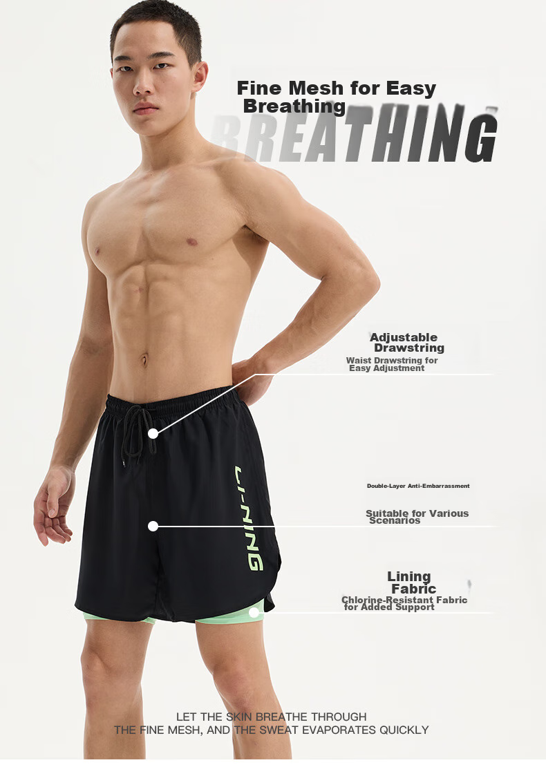 Li-Ning Swimming Trunks for Men, Quick-Drying Sports Swim Shorts, Anti-Embarrassment, Knee-Length, Double-Layered, Anti-Exposure, Beach Vacation Shorts, 814 Black, Size M 4