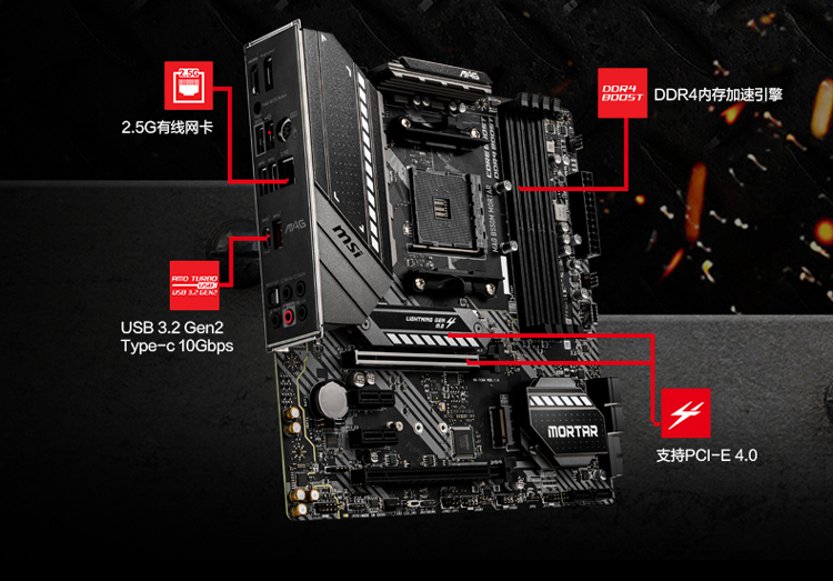 38283-微星(MSI)MAG B550M MORTAR迫击炮电脑主板 支持CPU5600X/5800X/3700X/5900X (AMD B550/Socket AM4)-详情图