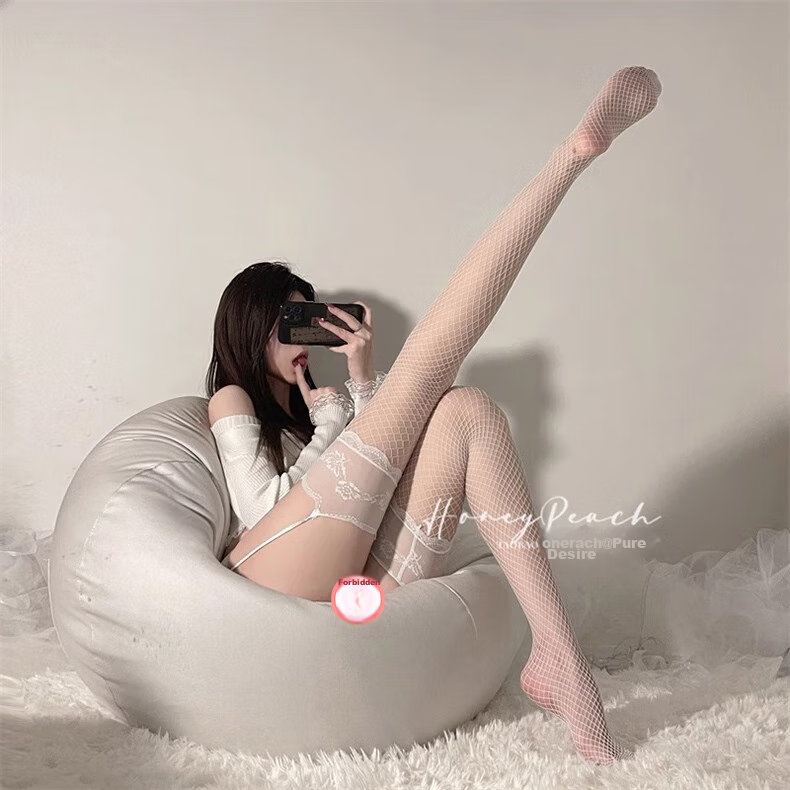 LangSha Black Sexy Lace Fishnet Stockings for Women with Red Trim, Thin Over-Knee Thigh-High Stockings in White Silk 20