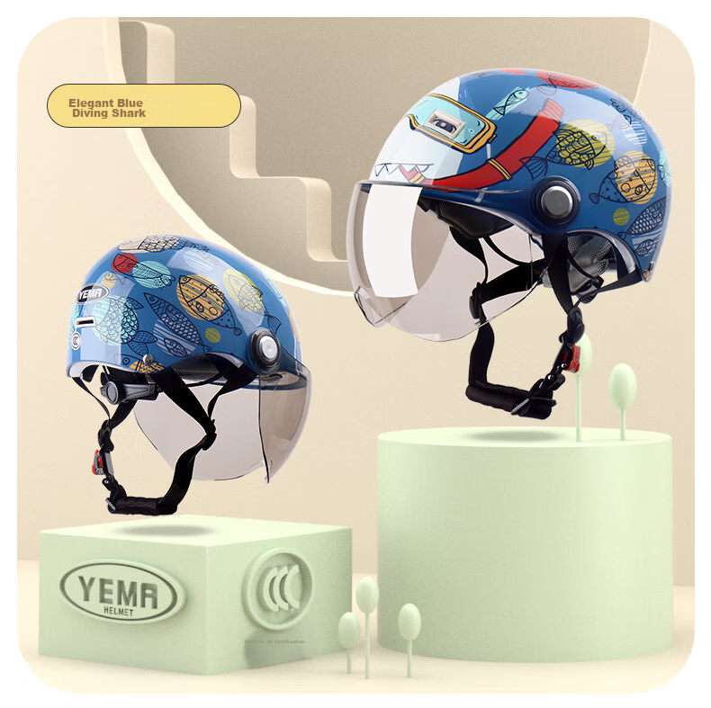 YEMA 3C Certified 238S Children's Helmet for Girls And Boys, Summer Lightweight Baby Electric Motorcycle Half Helmet, Kids Electric Scooter Safety Helmet, Blue + Short Coffee-Colored Visor 17