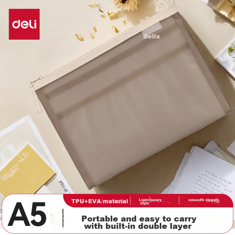 Deli School Stationery TPU Pouch with Compartment, Subject Zipper Bag Document Folder File Bag Zipper Pouch for Exam Papers And Documents Storage, Gray 64867-A5