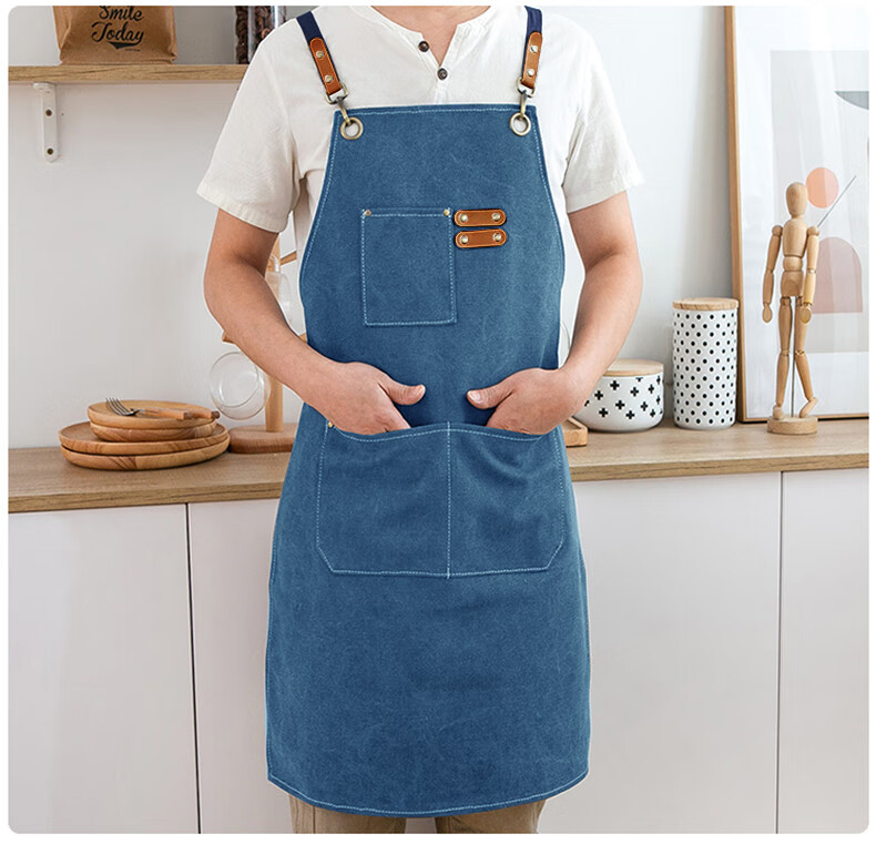 Canjiangjun Fashion Home Apron, Stain-Resistant And Oil-Proof Canvas, Thickened And Wear-Resistant, for Restaurant, Hairdresser, Bubble Tea Shop Work Uniform, Blue 14
