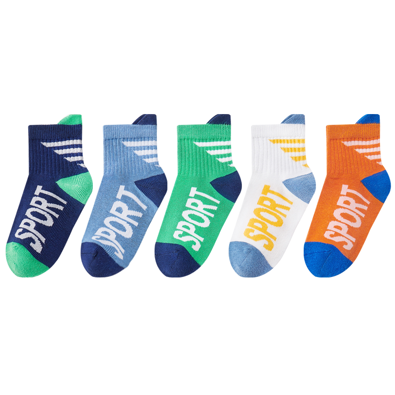 LangSha Children's Socks, Boys' Summer Thin Mesh Socks, Baby Mid-Calf Cotton Socks, 5 Pairs Pack, Letter Mesh Pattern, Size L
