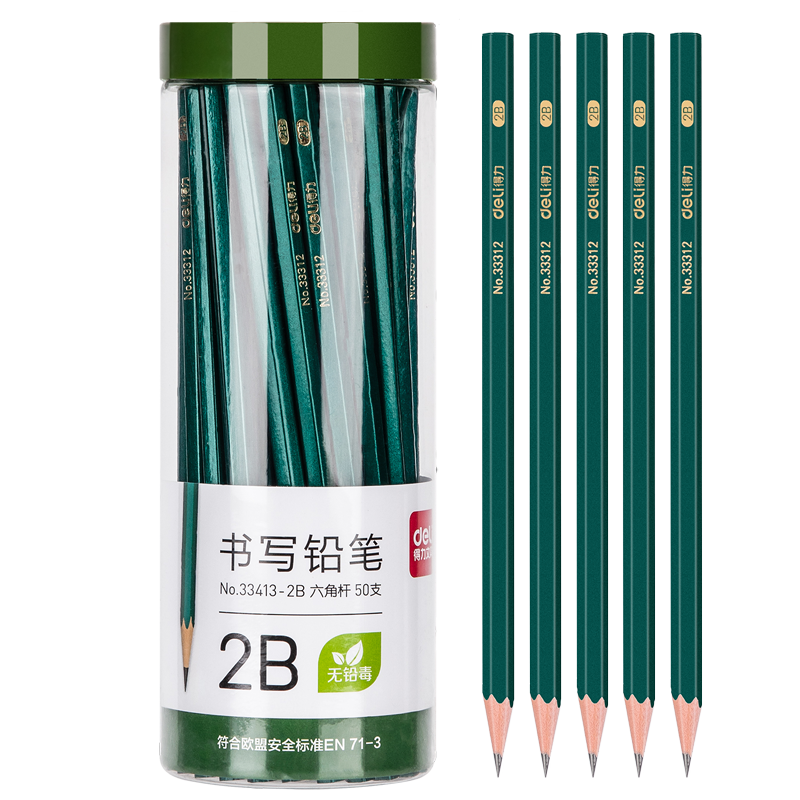 Deli 50 Pcs 2B Green Barrel Pencils, Hexagonal Barrel Student Exam Drawing Writing Pencils, 33413-2B School Supplies for Students