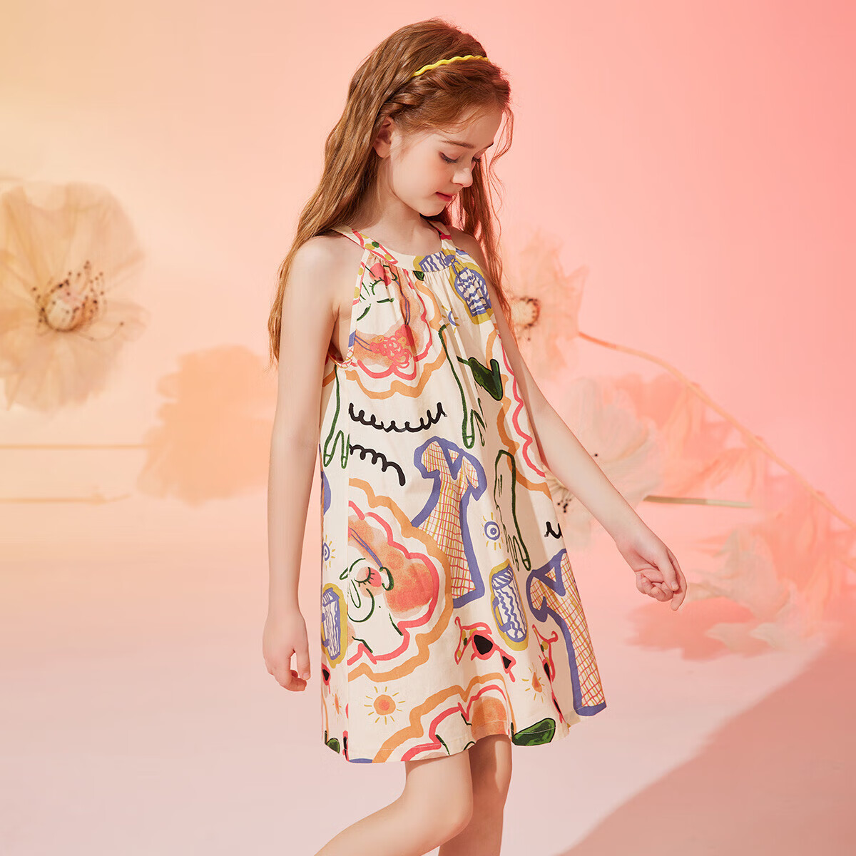 ASK JUNIOR Girls' Summer Dress, Children's Graffiti Spaghetti Strap Princess Dress, Beach Vacation Style