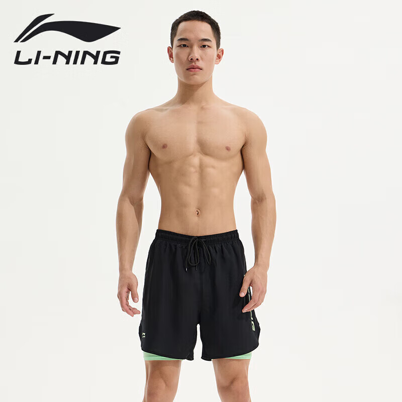 Li-Ning Swimming Trunks for Men, Quick-Drying Sports Swim Shorts, Anti-Embarrassment, Knee-Length, Double-Layered, Anti-Exposure, Beach Vacation Shorts, 814 Black, Size M