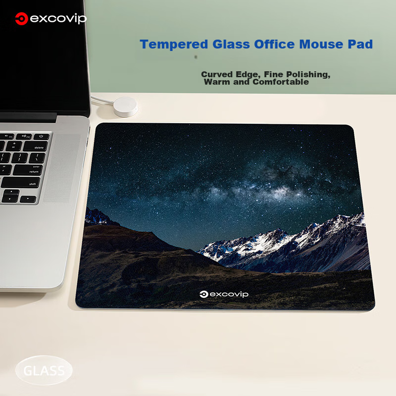 EXCO Glass Mouse Pad, E-Sports Gaming Professional Photovoltaic Mouse Pad, Hard Keyboard Desk Pad, Computer Office Laptop Large Size Mat 300*260mm, Snow Mountain Starry Sky 0161 6
