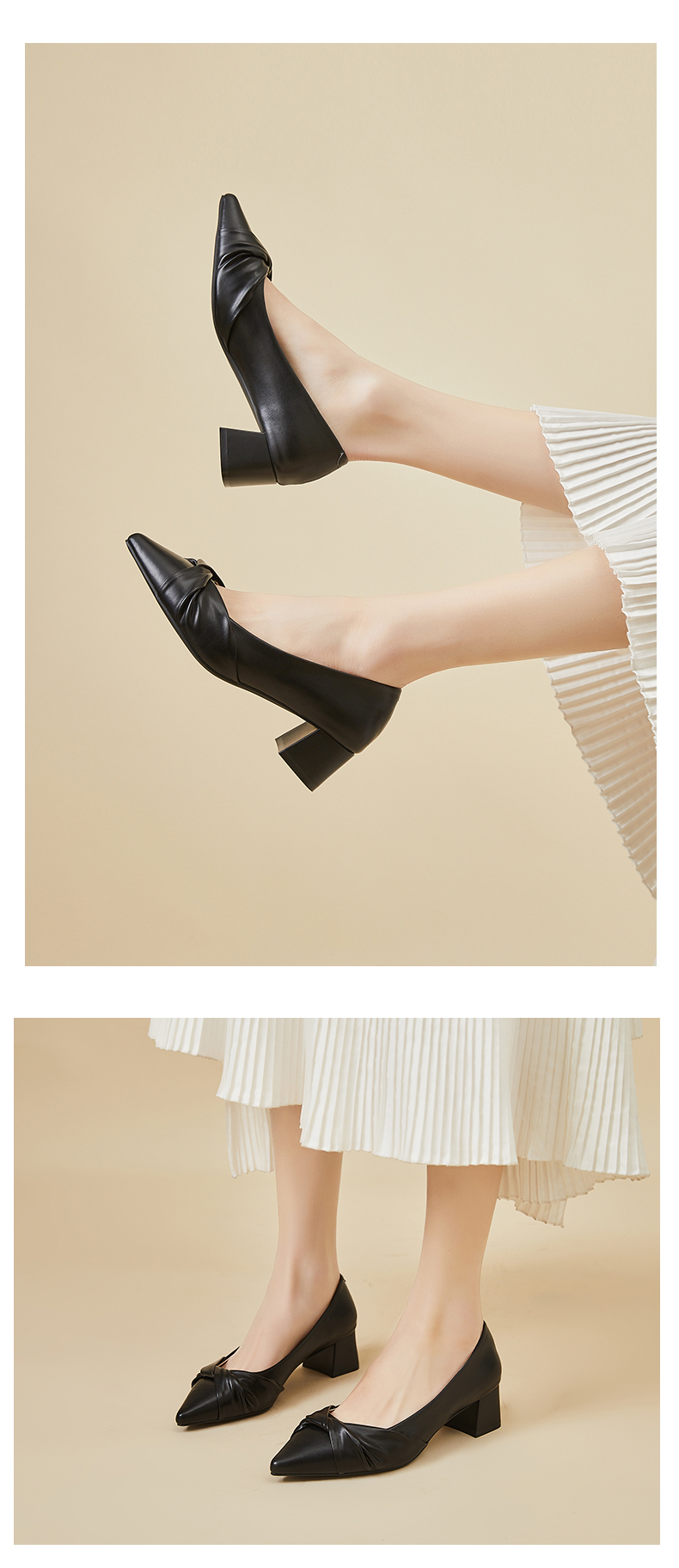 DAPHNE Women's Single Shoes, New Summer Professional Formal Work Leather Shoes, Chunky Heel Pointed Toe High Heels Women's Shoes, Black, Size 35 8