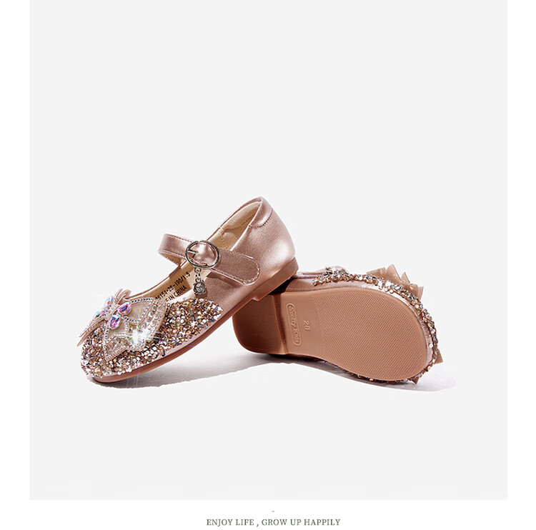 Snoffy Spring Leather Shoes for Girls, Princess Shoes for Older Children, Grit Crystal Shoes, Comfortable Children's Performance Shoes, Moonlight Silver, Size 27 22