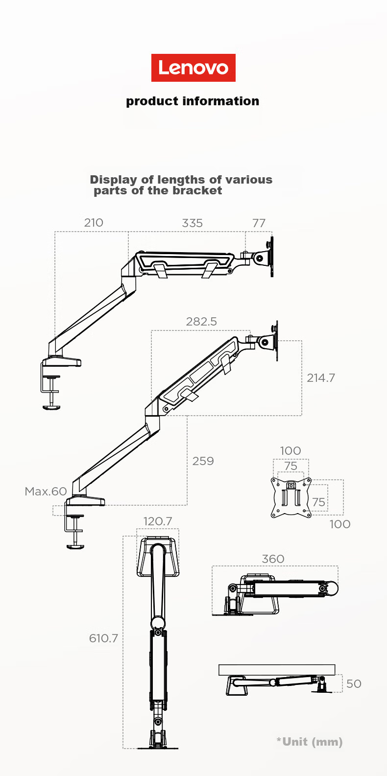Lenovo Monitor Arm Mechanical Arm Computer Stand Display Screen Bracket Height Adjustable Desk Clamp Rotating Stand 22-40 Inch AD-120 17