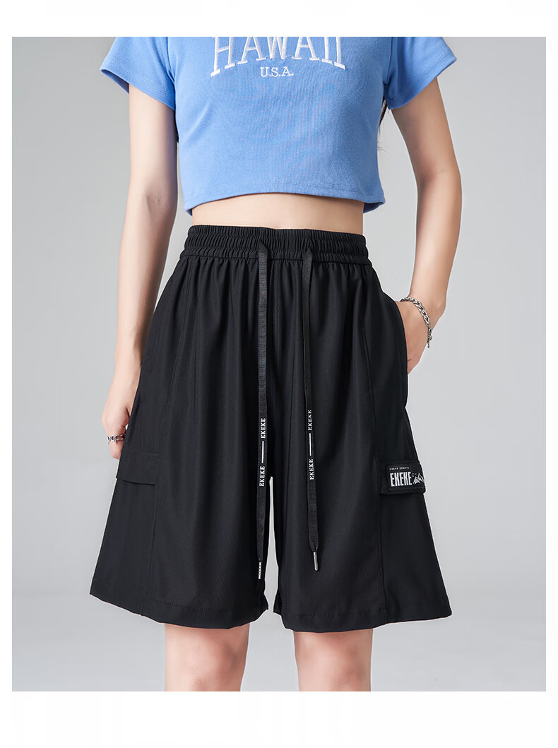 XUEXIMAN Women's Sports Shorts, Summer Lightweight Loose Straight-Leg Cargo Shorts, High-Waist Quick-Dry Wide-Leg Black Mid-Length Shorts 16